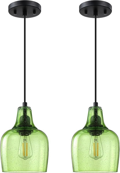 2 Pack 1 Light Indoor Hanging Kitchen Island Pendant Ceiling Light 6.1" Green Glass Fixture,Black Finish for Farmhouse Over Sink Bedroom Hallway