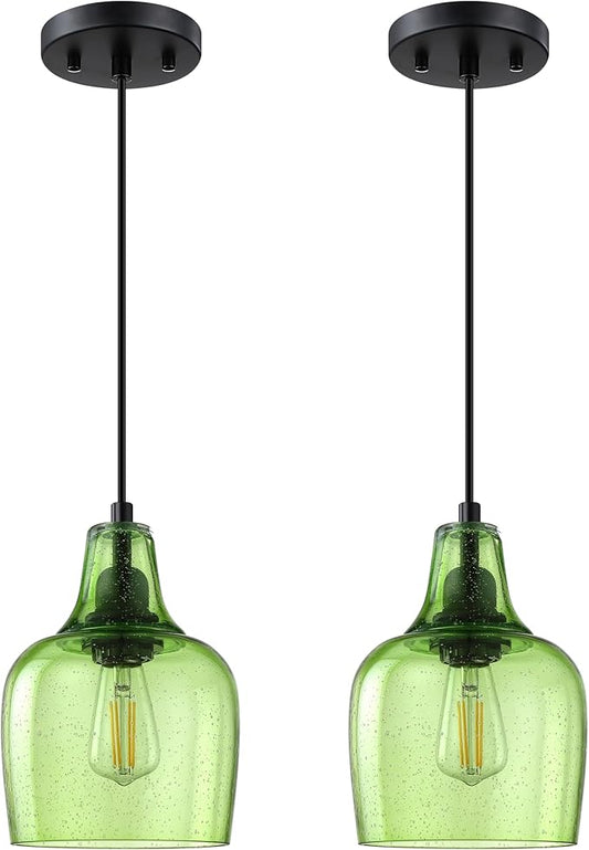 2 Pack 1 Light Indoor Hanging Kitchen Island Pendant Ceiling Light 6.1" Green Glass Fixture,Black Finish for Farmhouse Over Sink Bedroom Hallway