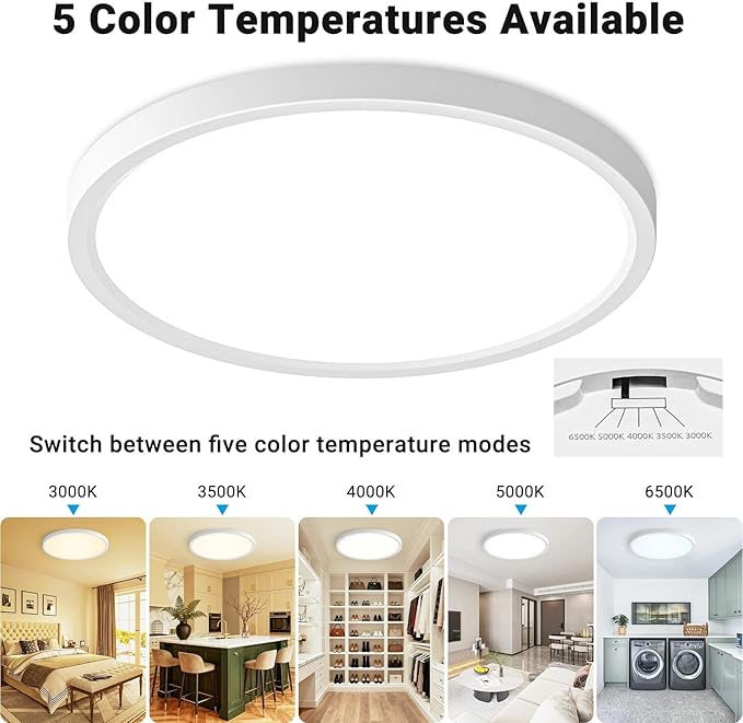 LED Flush Mount Ceiling Light,12Inch 24W,3000K/3500K/4000K/5000K/6500K 5 Color Temperatures Ceiling Light Fixture for Kitchen Porch Hallway Bedroom Bathroom and Closet,White