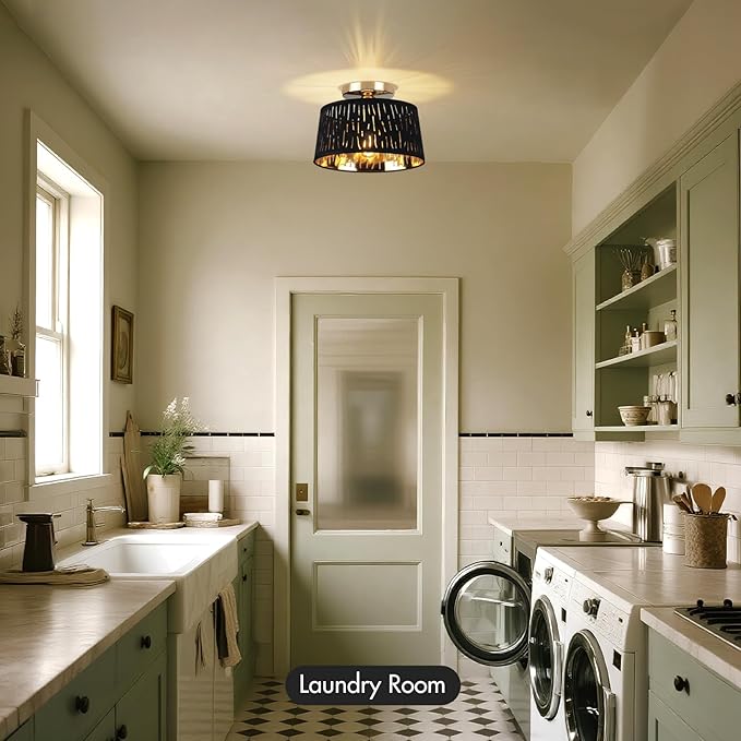 Modern Ceiling Light Fixture, 10 Inch Semi Flush Mount Lamp with Black Cut-Out Linen Shade, E26 Base, Gold for Kitchen Bedroom Hallway Closet Entryway Room Small Spaces