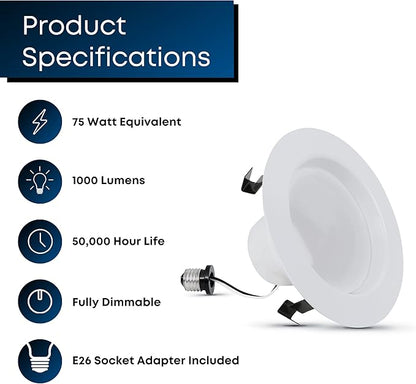Feit Electric LED 4 Inch Recessed Lights Retrofit with E26 Adaptor, High Output 75W Equivalent 1000 Lumens, 4in Retrofit Downlights Dimmable, 50,000 Hours, 5000 CCT, 6 Pack, LEDR4XHO/950CA/6