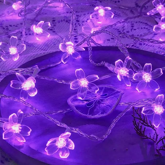 JACUXLSS Decorative Flower String Lights, 33ft 100 LED Clear Wire Plug in Fairy Lavender Cherry Blossom Easter Christmas Hanging Decorations, Violiet Wedding Party Indoor Outdoor Decorations (Purple)