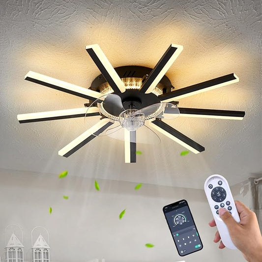 27" Black Straight Strip Ceiling Fan with Lights Remote Control, 3 Colors 6 Speeds Low Profile Ceiling Fan with Light for Kitchen Bedroom