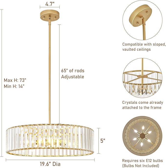 YURNYQ Gold Crystal Chandelier for Dining Room, 6-Light Modern Semi Flush Mount Chandelier Lighting Fixtures, Round Kitchen Hanging Drum Pendant Lights Ceiling for Living Room Bedroom Foyer, 19.6 Inch