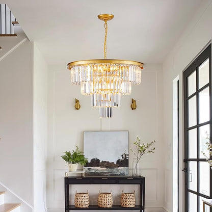 10 Light Modern Gold Crystal Chandelier for Dining Room 24'' Dining Room Light Fixture Contemporary Pendant Round 4-Tier Adjustable Height for Living Room, Foyer, Entryway, Bedroom
