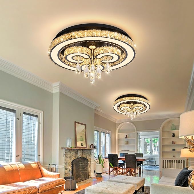 HAIXIANG Modern Glam Chandelier LED Crystal Light Interior Luxury Ceiling Chandeliers Remote Dimmable Lights Fixture 24 Inches Black Light