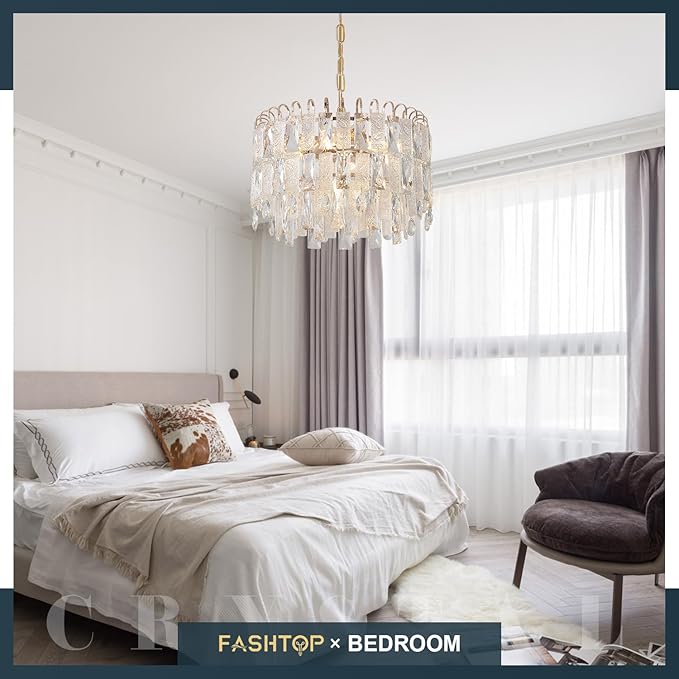 7-Light Crystal Gold Chandelier Modern 3-Tier K9 Crystal Round Light Fixture 16" Pendant Chandelier for Kitchen Island Dining Room Bedroom Foyer Entryway Hallway, E12