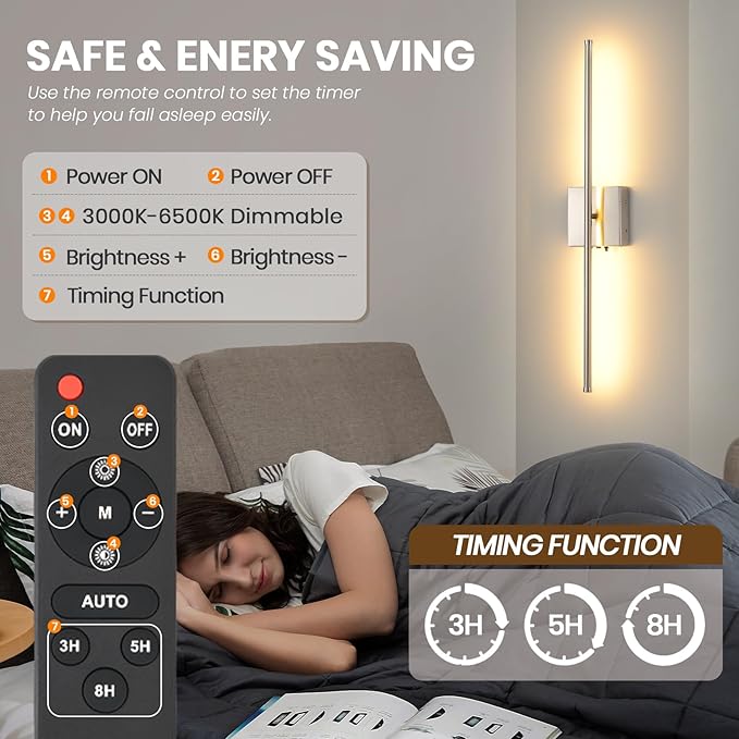 Brushed Nickel Battery Operated Wall Sconces Set of 2, 11000mAh Wireless Rechargeable Wall Lights with Remote Control, 350°Rotate Dimmable Wall Lamp, 3 Color Temperatures, for Bedroom, Living Room