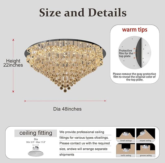 Flashing God 48inches Chrome Crystal Chanderliers for Living Room Entryway Modern Crystal Folwer Ceiling Light for Foyer Interior LED Dimmable Lighting 2700k 4500k 6000k