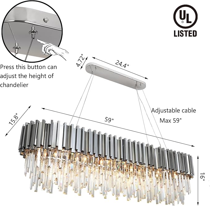 Chrome Rectangle Crystal Chandeliers L59'' Rectangular Modern Chandeliers for Dining Room 22 Light Contemporary Chrome Light Fixture Over Dining Table Extra Large