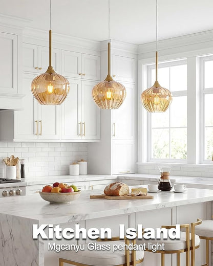 Amber Glass Pendant Lights Kitchen Island, 7" Vintage Adjustable Pendant Lighting Gold Hanging Light Fixtures for Kitchen, Dining Room, Sink, Bathroom