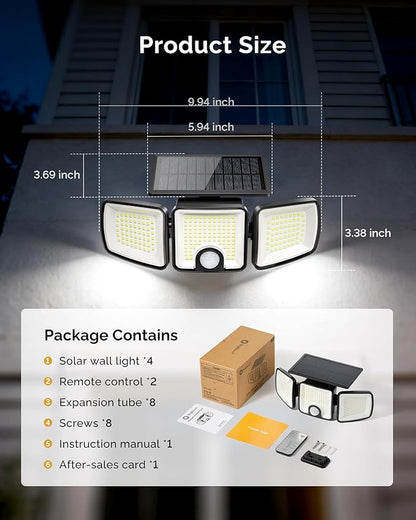 Brightown 4 Pack Solar Outdoor Lights with Motion Sensor, 223 LED 3 Head 270° Wide Angle Street Area Security Lights with Remote, IP65 Waterproof Flood Wall Lights with 3 Modes for Yard Outside