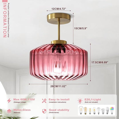 Art Deco Purple Ceiling Light Glass Semi-Flush Mount with Gold Finish, Bedroom Light Fixtures for Bathroom Living Room Entryway Closet Light