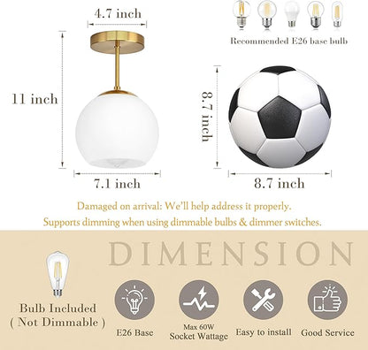 Bagood Gold Semi Flush Mount Ceiling Light Fixture Milk Glass Light Fixture Mid Century Flush Mount Ceiling Lights Brass Flush Mount Ceiling Schoolhouse Lights for Dining Room(Bulb Incl.)