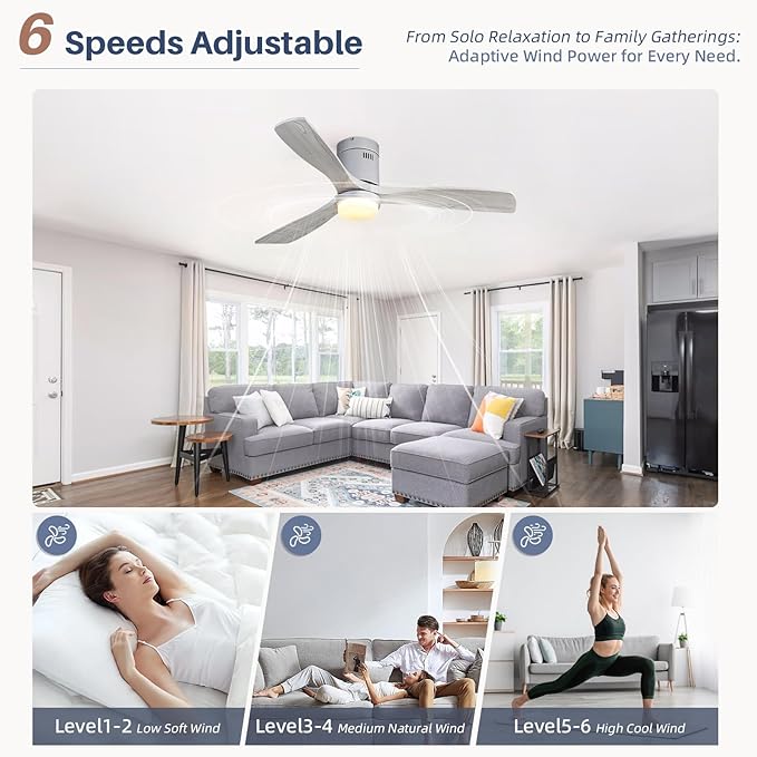 CACI Mall 52 Inch Wood Flush Mount Ceiling Fan with Lights, 3 Blades, Low Profile, Modern, 3CCT, Dimmable, Noiseless, Remote Contral, Outdoor Indoor Ceiling Fans for Bedroom/Farmhouse/Patio