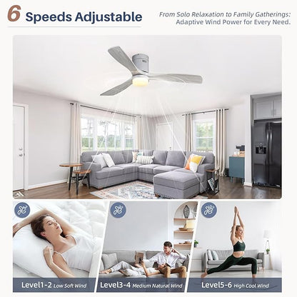 CACI Mall 52 Inch Wood Flush Mount Ceiling Fan with Lights, 3 Blades, Low Profile, Modern, 3CCT, Dimmable, Noiseless, Remote Contral, Outdoor Indoor Ceiling Fans for Bedroom/Farmhouse/Patio