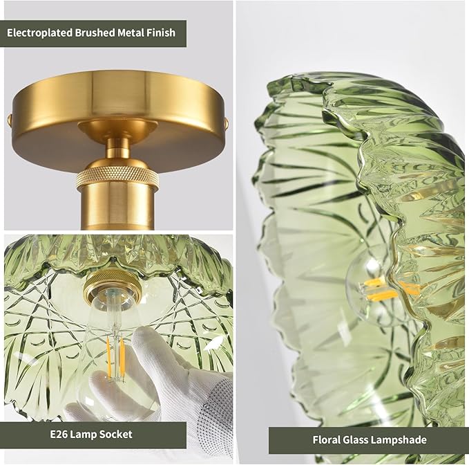 Semi Flush Mount Ceiling Light Mid Century Modern Floral Green Glass Shade, Close to Ceiling Lighting Fixtures for Bedroom, Bathroom, Kitchen, Closet Laundry Room, Foyer and Hallway 9.45 in