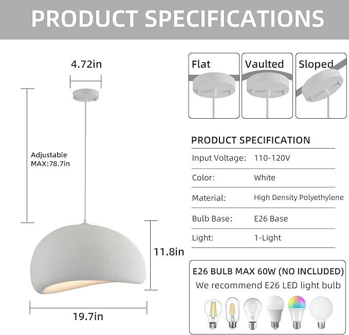 Wabi Sabi Pendant Light Oval, 19.7in Japanese Ceiling Fixture for Dining Room Kitchen Island Hallway Bedroom Restaurant, Adjustable Modern Japandi Hanging Lamp, E26 Base (50cm/19.7in)