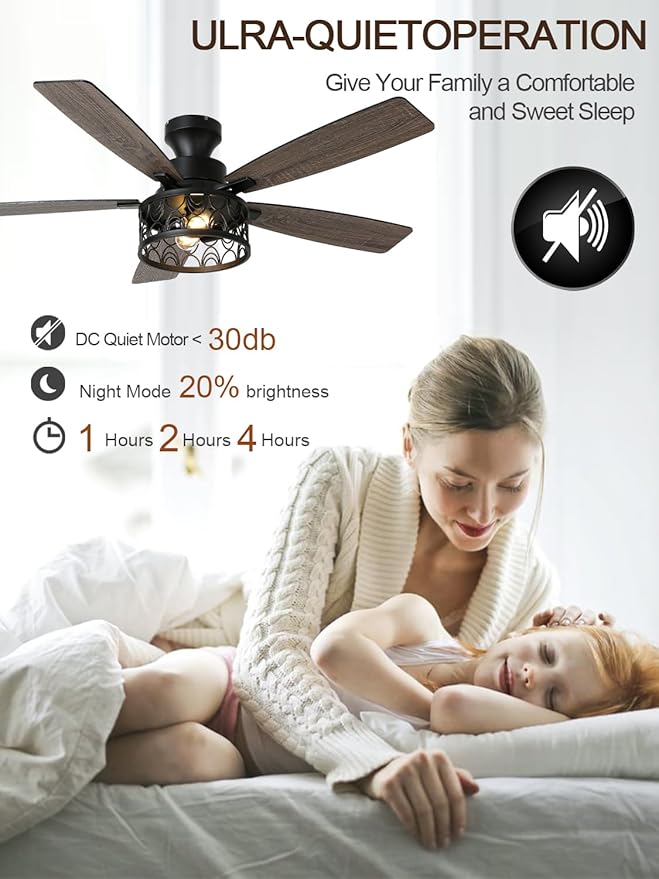 52 Inch Farmhouse Ceiling Fan with Lights Remote Modern Caged Chandelier Fan Rustic Fandelier, 5 Dual Blades, Reversible Quiet DC Motor 6 Speeds for Bedroom Patio (Metal Cage)