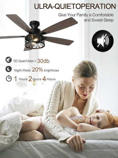52 Inch Farmhouse Ceiling Fan with Lights Remote Modern Caged Chandelier Fan Rustic Fandelier, 5 Dual Blades, Reversible Quiet DC Motor 6 Speeds for Bedroom Patio (Metal Cage)