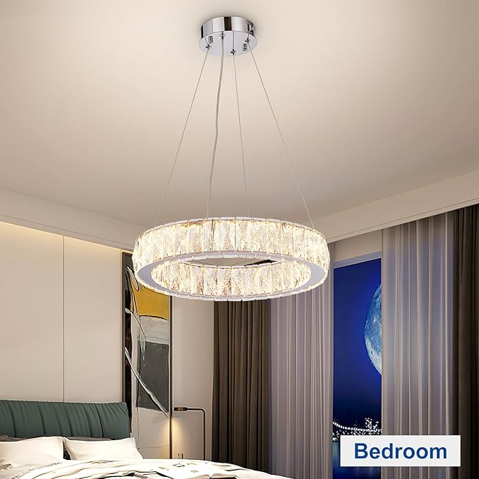 Depuley Modern LED Crystal Chandeliers: 15.7" Ring Chandelier Hanging Crystal Ceiling Light Fixture - 24W Adjustable Height Pendant Light for Living Room Dining Room Bedroom Foyer