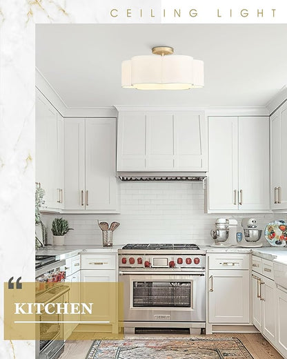 Gold Semi Flush Mount Ceiling Lights, 6-Light 18Inch Ceiling Light Fixtures with Fabric Shade in Flower Shape, Farmhouse Brass Drum Lighting for Nursery Bedroom Kitchen, AD-22007-6SF-GD