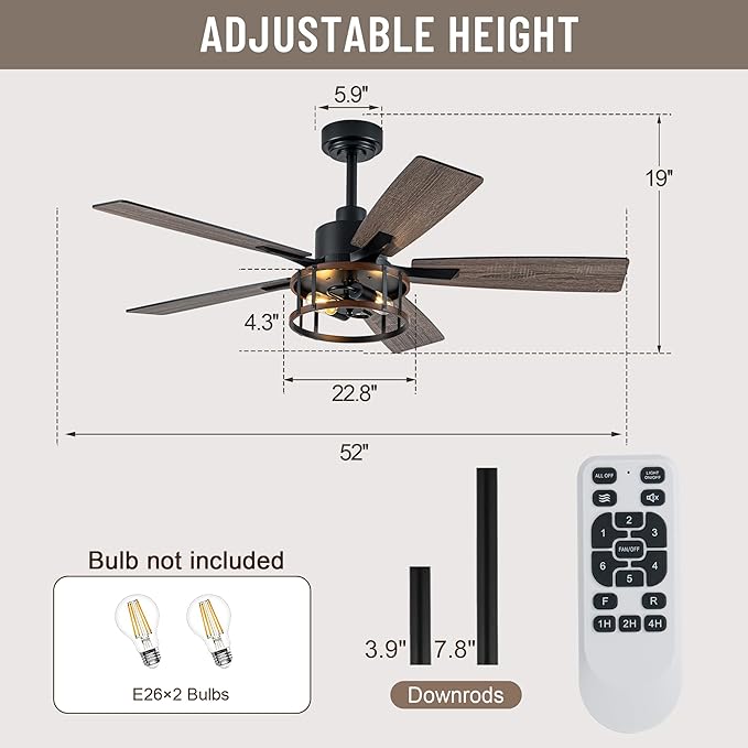 52" Farmhouse Ceiling Fans with Lights, Caged Ceiling Fan with Light and Remote,Reversible Motor,5 Double Finish Wood Blades,Black Rustic Industrial Ceiling Fan for Living Room/Dining Room