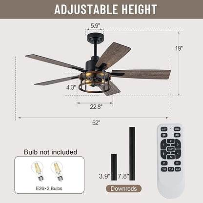 52" Farmhouse Ceiling Fans with Lights, Caged Ceiling Fan with Light and Remote,Reversible Motor,5 Double Finish Wood Blades,Black Rustic Industrial Ceiling Fan for Living Room/Dining Room