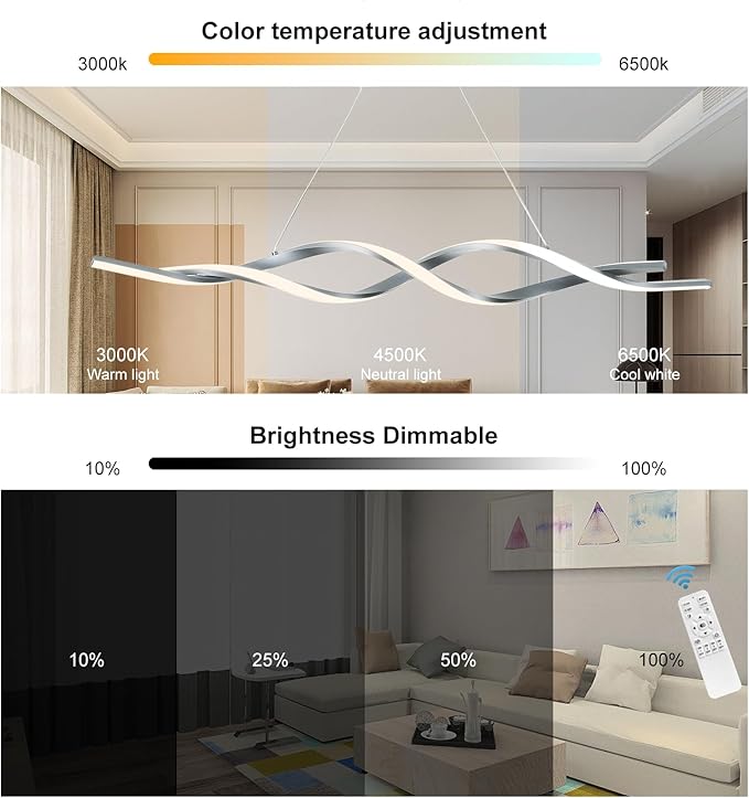 Jaycomey Gray Modern LED Pendant Light, Dimmable Wave Chandelier with Remote Control, Acrylic Hanging Lighting Fixture for Dining Room Kitchen Island, 3000-6000K 28W
