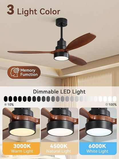 Sofucor Ceiling Fan with Lights and Remote, 52 inch Modern LED Ceiling Fan with 3 Wood Blades and 3 Black Downrods, for Indoor Bedroom Living Room Outdoor Patio Porch, Reversible, Quiet and Powerful