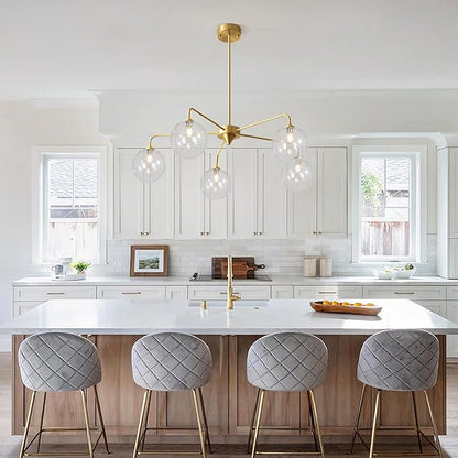 Mid Century Modern Sputnik Chandelier Brass 5 Light Gold Chandelier Clear Glass Globe Sputnik Chandelier for Dining Room Bedroom Kitchen