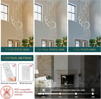 14 Rings Modern LED Chandelier for High Ceiling Dimmable Gold Contemporary Foyer Long Chandelier for Entryway, Long Pendant Light Fixture Staircase Dining Living Room, 3000-6500K