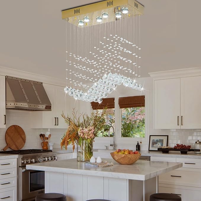 Modern Gold Wave Rectangular Chandelier for Dining Room Over Table, 6-Lights Raindrop Elegant Ceiling Light Fixture for Kitchen Island, Funny Flush Mount Pendant Light for Kids/Girls Room