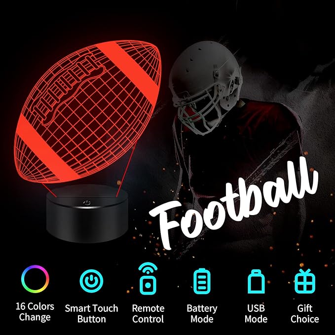 Football Gifts Football 3D Night Light, 16 Colors Changing Touch & Remote Control Table Illusion Lamp, Bedroom Office Gaming Decor, Christmas Birthday Xmas Gift Toys for Boys Girls Men Sport Fans