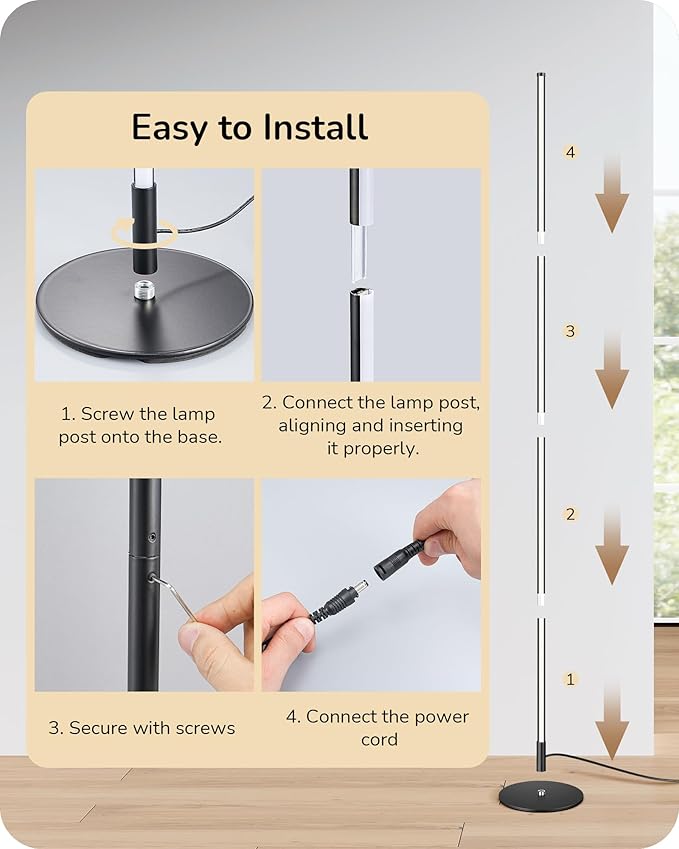 EDISHINE 59.8" Modern Floor Lamp, Minimalist Floor lamp with 3 Height Settings, 3 Color Temperature & Stepless Dimming, Remote Control, Foot Switch, Slim for Living Room, Black