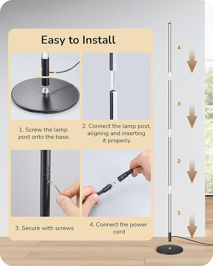 EDISHINE 59.8" Modern Floor Lamp, Minimalist Floor lamp with 3 Height Settings, 3 Color Temperature & Stepless Dimming, Remote Control, Foot Switch, Slim for Living Room, Black