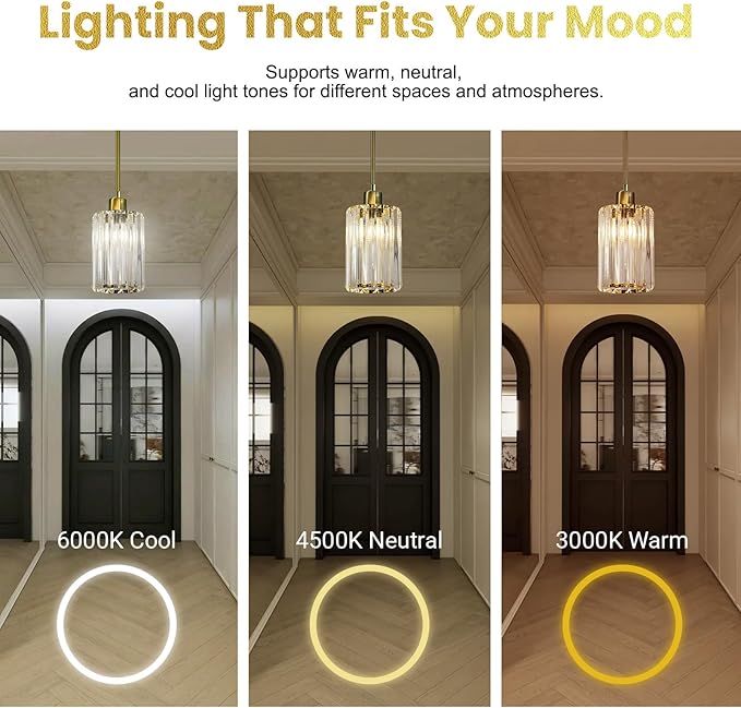 3-Pack Gold Crystal Pendant Lights for Kitchen Island, Adjustable Modern Hanging Light Fixtures for Flat or Sloped Ceiling, E26 Mini Pendant Lights with Crystal Glass Shade for Dining Room Bar