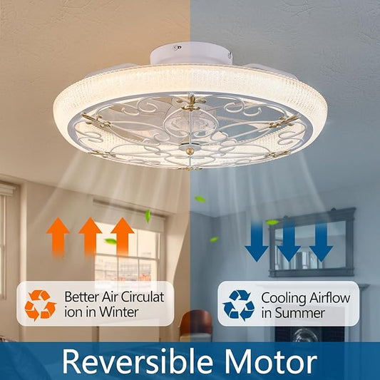 20" White Caged Ceiling Fan with Lights Remote Control with Crystal Sand Lampshade, Rustic Industrial Ceiling Fan with Light for Kitchen Bedroom Living Room