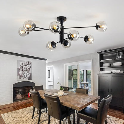 hesoge Modern Sputnik Ceiling Lights Black Semi Flush Mount Ceiling Fixture with Glass Globes 8 Light Large Chandelier for Dining Room Bedroom Living Room Kitchen Farmhouse.