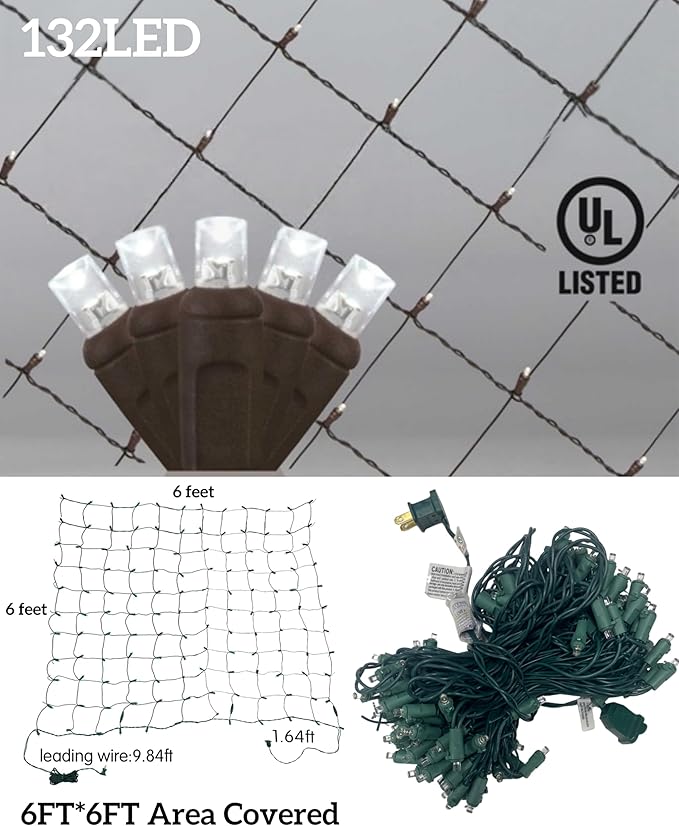 Led Christmas Net Lights for Bushes, 132LED 6FT x 6FT Connectable UL Certified Net Lights for Bushes Tree Shrubs Xmas Trunk Green Wire Christmas Decorations