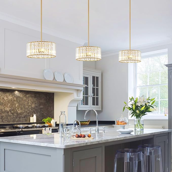 YURNYQ Gold Crystal Chandelier, Small Modern Semi Flush Mount Ceiling Chandelier Light Fixtures, Round Hanging Lighting Fixture for Kitchen Bedroom Hallway Entryway Laundry Room, 3-Light, 11.8 Inch