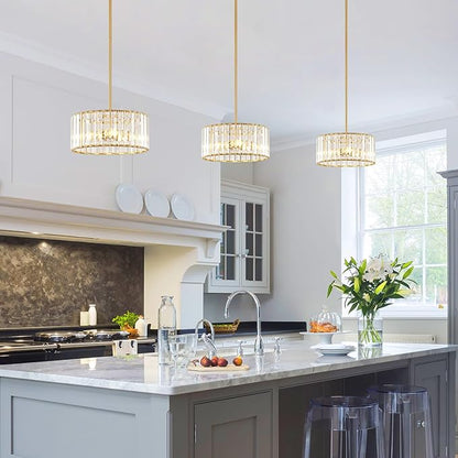 YURNYQ Gold Crystal Chandelier, Small Modern Semi Flush Mount Ceiling Chandelier Light Fixtures, Round Hanging Lighting Fixture for Kitchen Bedroom Hallway Entryway Laundry Room, 3-Light, 11.8 Inch