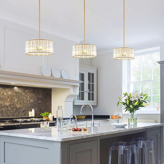 YURNYQ Gold Crystal Chandelier, Small Modern Semi Flush Mount Ceiling Chandelier Light Fixtures, Round Hanging Lighting Fixture for Kitchen Bedroom Hallway Entryway Laundry Room, 3-Light, 11.8 Inch