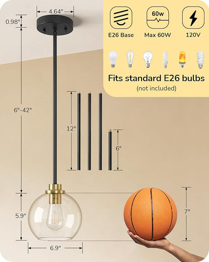 EDISHINE Mid Century Kitchen Pendant Lighting Over Island 2 Pack, Clear Glass Globe Shade, Hardwired Black and Gold Adjustable Hanging Light Fixtures for Dining Room, Entryway