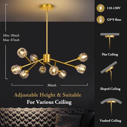 9-Light Sputnik Chandeliers, Gold Dining Room Light Fixture Over Table, Modern Crystal Chandelier, Brass Farmhouse Ceiling Light Fixture Hanging for Kitchen Island Living Room Bedroom Hallway