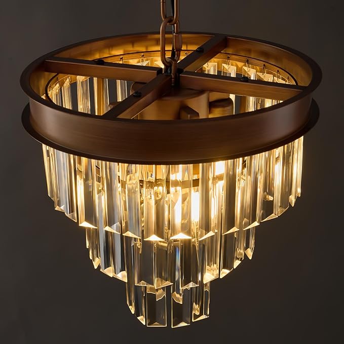 Modern Crystal Chandeliers For Dining Room: 4 Lights 12" Small Vintage Hanging Pendant Light Fixture Over Table - Antique Copper Mini Round Chandelier For Kitchen Island Bedroom Entryway Foyer Closet