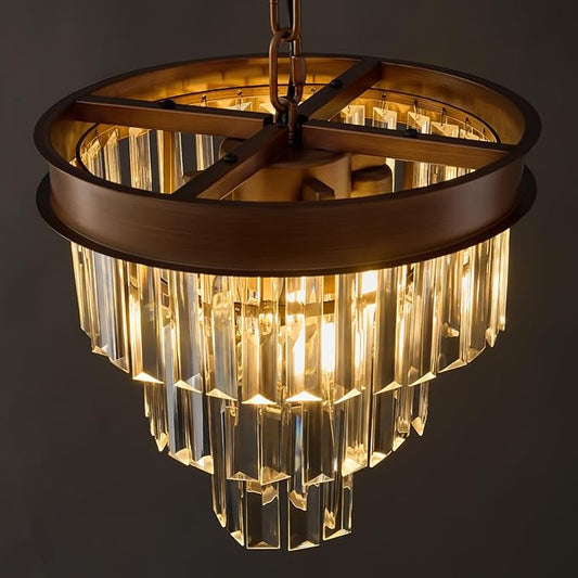Modern Crystal Chandeliers For Dining Room: 4 Lights 12" Small Vintage Hanging Pendant Light Fixture Over Table - Antique Copper Mini Round Chandelier For Kitchen Island Bedroom Entryway Foyer Closet