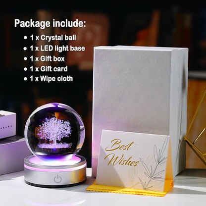 Arikyrist Crystal 3D Tree of Life 3.15in Ball Figurine Gifts for Her, Glass Plant Art Sphere for Room with LED Light Base for Men, Collectible Keepsake for Tree Lovers Home Decor Paperweight
