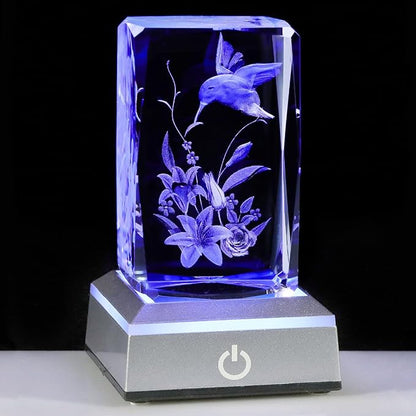 3D Hummingbird Mothers Day Gifts for Mom Women Glass Figurines Crystal Humming Bird Lily Flower Statue Home Decor with Light Base, Present for Nature Lovers on Birthday Christmas