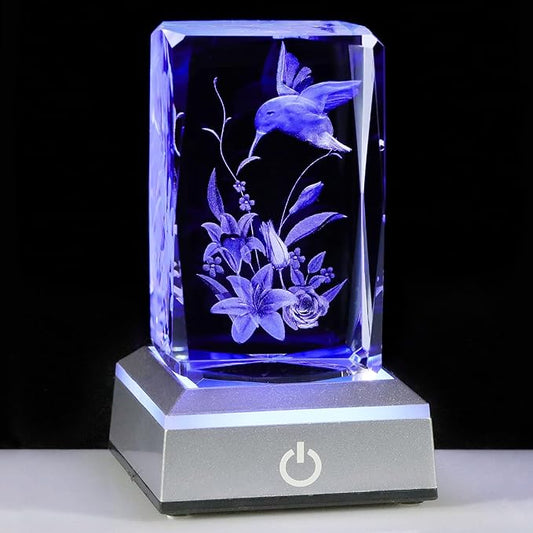 3D Hummingbird Mothers Day Gifts for Mom Women Glass Figurines Crystal Humming Bird Lily Flower Statue Home Decor with Light Base, Present for Nature Lovers on Birthday Christmas
